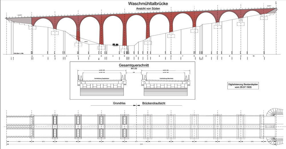 Ansicht von S&uuml;den, Querschnitt, Grundriss und Aufsicht auf der Grundlage eines Bestandsplans von 1935 (Landesbetrieb f&uuml;r Stra&szlig;e und Verkehr Kaiserslautern)