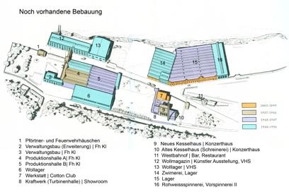 Lageplan (Ausrichtung: Norden ist unten). Aus: Einhundert Jahre Kammgarnspinnerei Kaiserslautern. 1857&ndash;1957. Darmstadt o. J. [1957] 