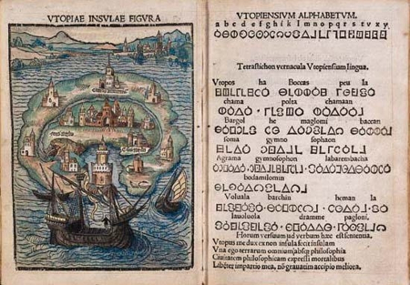 Doppelseite aus der Erstausgabe der &bdquo;Utopia&ldquo;  von Thomas Morus (Libellus vere aureus nec minus salutaris quam festivus de optimo reip statu, deq noua Insula Vtopia. L&ouml;wen 1516, f. 1 ro et 2 vo. The New York Public Library)